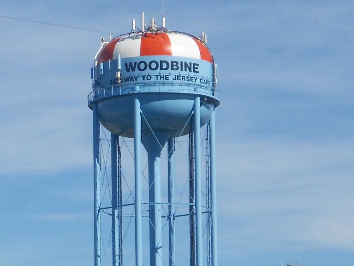 Municipal water tower in Woodbine, New Jersey, painted with the words Gateway to the Jersey Cape